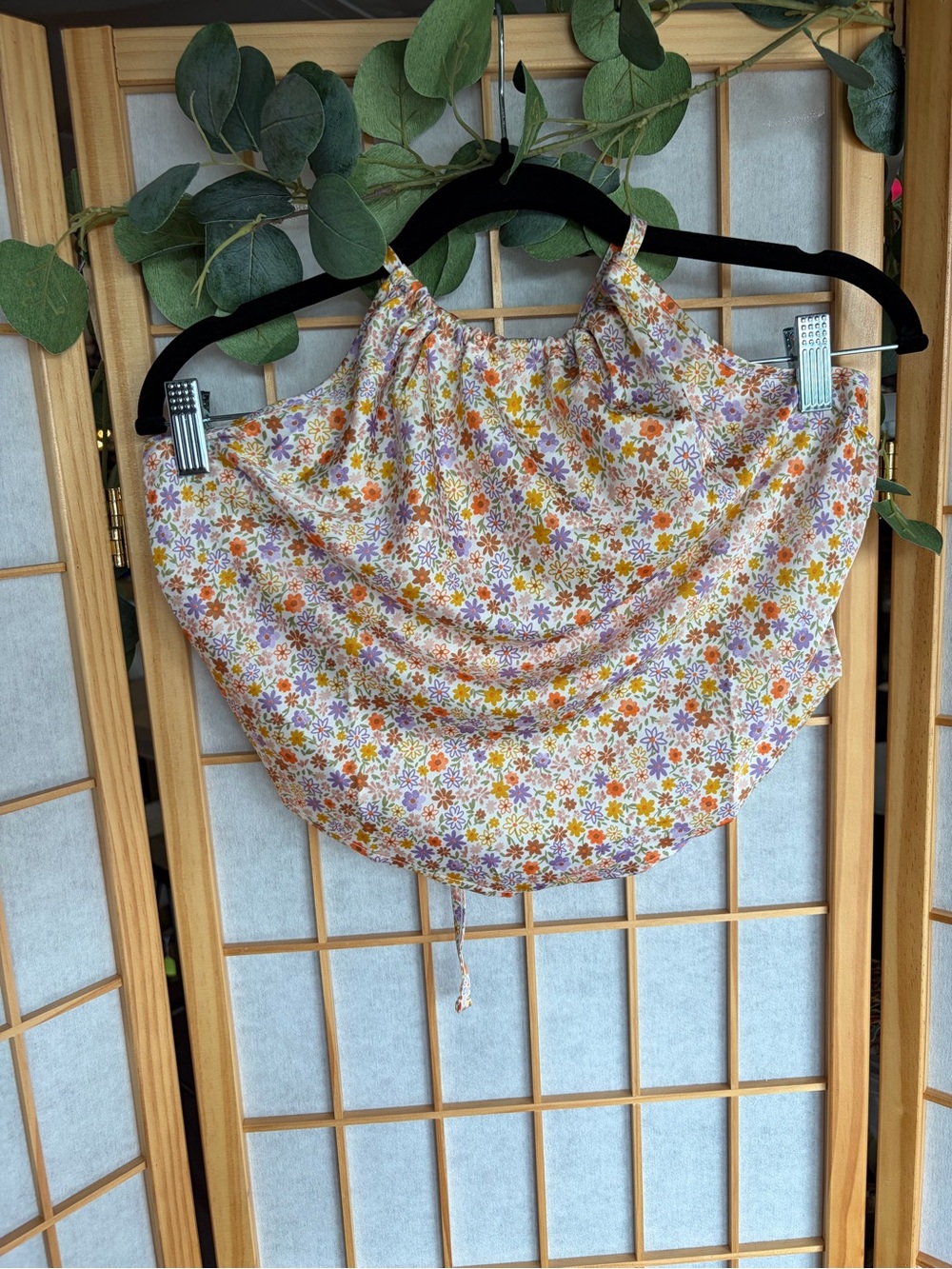 Pink Rose Floral Drawstring Tank Top - White with Orange & Purple Flowers